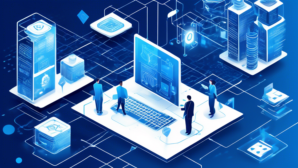 Create an image depicting the role of blockchain in streamlining financial processes within corporate finance. The scene should show a digital network of interconnected financial assets, smart contracts automating complex transactions, and a modern corporate office setting in the background. Incorporate elements like blockchain symbols, digital ledgers, and financial graphs to highlight efficiency and automation.