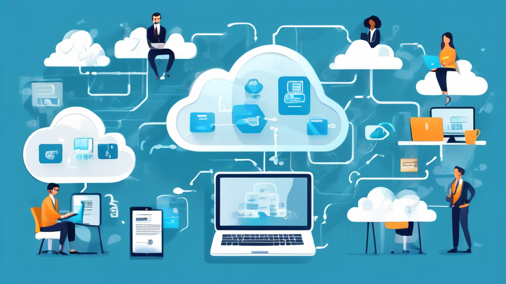 Create a vibrant image showcasing the key benefits of cloud backup for both businesses and individuals. Highlight the concepts of cost efficiency, scalability, automation, user-friendliness, flexible data access, and improved recovery times. The image should depict a modern office setting with people working on various devices connected to a cloud, symbolizing seamless data synchronization and backup. Use icons and symbols like a cloud, dollar sign, upward arrows for scalability, a clock for recovery times, and gear wheels for automation to visually represent these advantages.