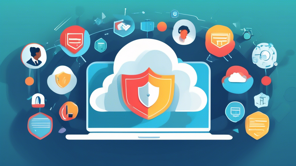 Create an image depicting the security aspects of using a cloud backup service. The scene should include a cloud server icon surrounded by shield symbols to represent encryption and data security. Incorporate elements such as compliance documents and secure locks to signify compliance and data protection policies. Highlight a person confidently selecting a secure cloud backup provider on a laptop.