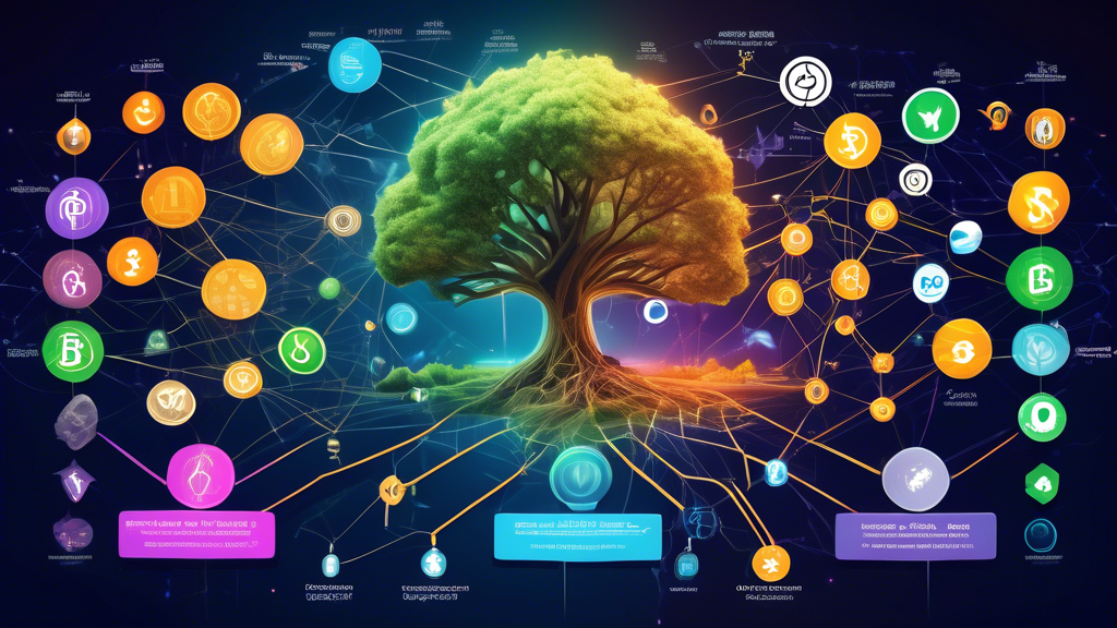 Create an image featuring an interconnected web of major cryptocurrencies like Bitcoin, Ethereum, and Cardano, all interconnected by blockchain nodes and networks. Visualize this as a vibrant ecosystem with each cryptocurrency represented as a unique plant or tree, showcasing their technological roots and branches. Highlight the growth potential by adding rays of light and upward-pointing arrows around emerging ecosystems to illustrate their promising futures. This illustration should emphasize the interconnectedness, technology, and growth within the cryptocurrency ecosystem.