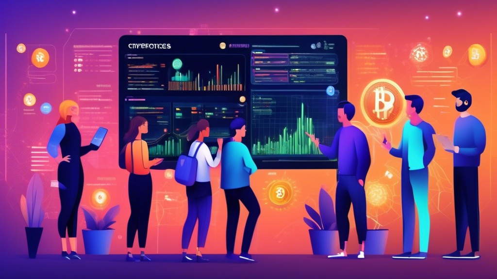 Generate an image that depicts a diverse group of people gathered around a large digital screen displaying an Ecosystem Cryptocurrency List. The screen should show charts, graphs, and statistics. Include icons of major cryptocurrencies like Bitcoin, Ethereum, and others. The people should be actively pointing to and discussing the screen, symbolizing informed decision-making and analysis. The setting should have a futuristic feel, representing the advanced technology involved in cryptocurrency investments.