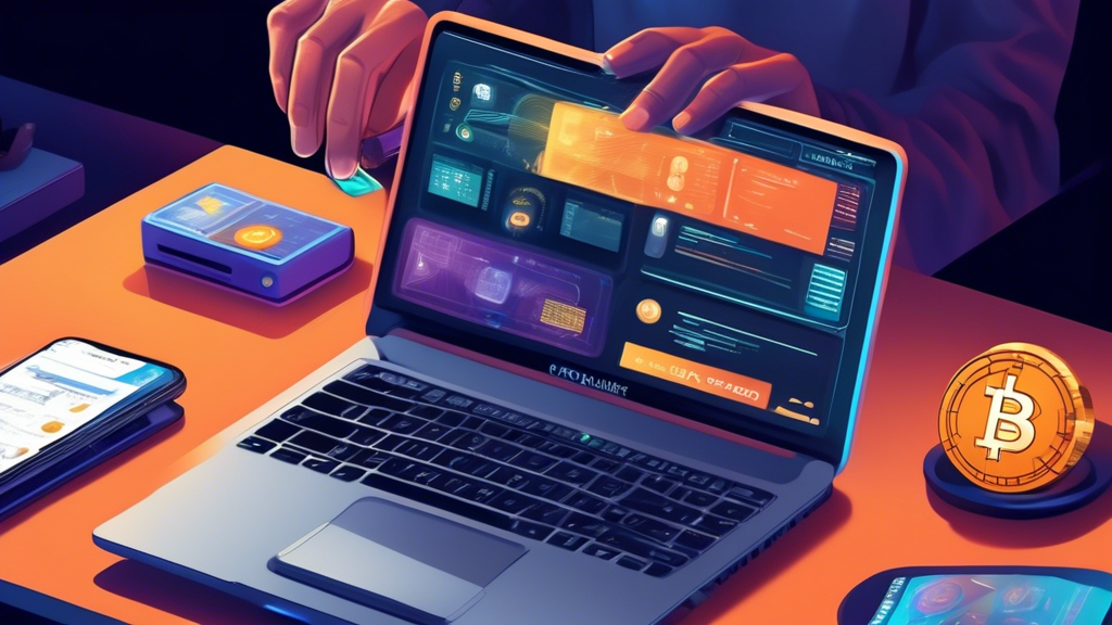 A high-resolution digital illustration of a young person sitting at a desk, setting up their first cryptocurrency wallet on a laptop. On the desk are items representing both hot wallets (like a mobile phone with a crypto app open) and cold wallets (like a USB hardware wallet). The background depicts a large computer screen showing a popular cryptocurrency exchange interface. The person is focused and appears to be following a step-by-step guidebook on cryptocurrency basics. The setting combines a modern, tech-savvy atmosphere with elements that convey the importance of security and careful steps in the world of cryptocurrency. The image gives off an educational and beginner-friendly vibe.