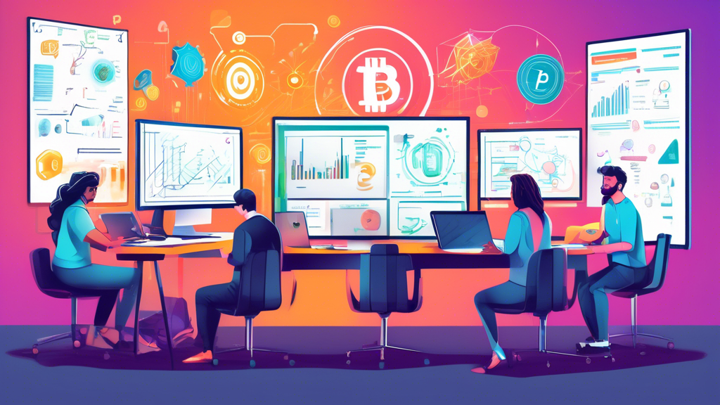 Create an image that portrays the process of launching a crypto project. Depict a vibrant workspace with a diverse team collaborating on laptops and digital whiteboards. Include elements like a whitepaper being reviewed, a roadmap displayed prominently, digital cryptocurrency tokens, and visual representations of funding metrics and tokenomics charts. The scene should evoke innovation, teamwork, and strategic planning within the cryptocurrency landscape.