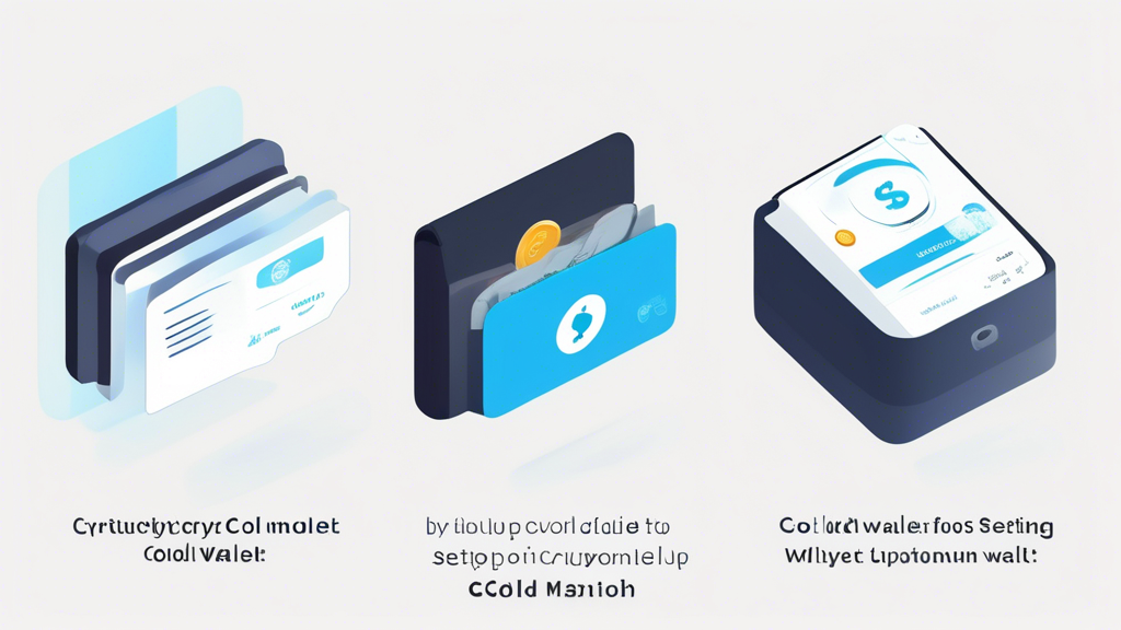 Create an image titled Step-by-Step Guide to Setting Up a Cold Wallet for Maximum Security. The image depicts a series of simple, clear steps for setting up a cold wallet for cryptocurrency, shown sequentially from left to right or top to bottom. Each step is illustrated with an icon or simplified graphic:

1. **Obtain a Cold Wallet Device** - A small hardware wallet device is shown.
2. **Connect to Computer** - The hardware wallet is connected to a computer via USB.
3. **Install Wallet Software** - A computer screen shows the installation of wallet software.
4. **Generate Keys** - The screen displays the generation of a public and private key.
5. **Save Backup Phrases** - A notepad or paper displays a series of words, indicating the backup phrase.
6. **Disconnection Confirmation** - The hardware wallet is safely disconnected from the computer.
7. **Store Backup Safely** - A locked safe or secure storage place for the backup phrase.

The background is calm blue, symbolizing security and peace of mind, with all icons and illustrations in a clean, modern style. The overall aesthetic should invoke clarity and simplicity, making the process seem accessible and secure. Use the keyword cold wallet crypto.