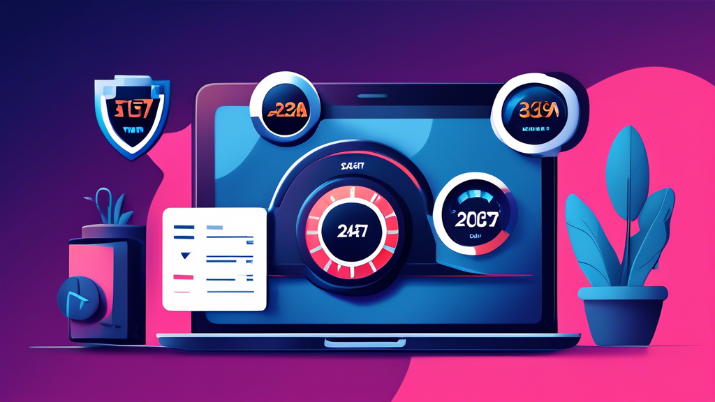 DALL-E prompt: Create an illustration that showcases the essential criteria for choosing the top VPN in 2023. The image should feature elements representing speed (a speedometer), security (shield with lock), reliability (checkmark), usability (user-friendly interface on a laptop), and support (24/7 customer service headset). The design should be modern, sleek, and visually engaging to convey these core aspects effectively.