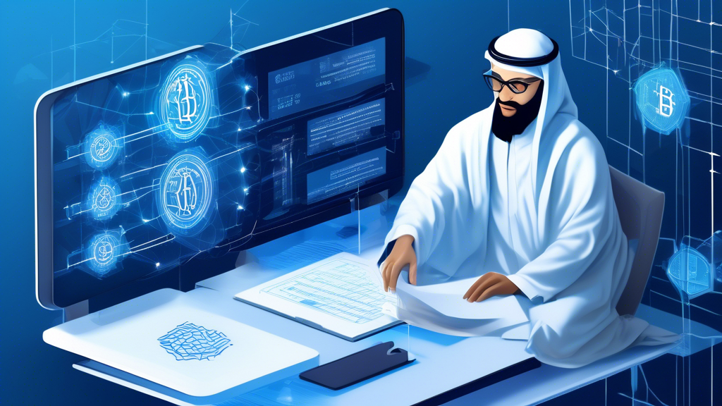 Prompt for DALL-E:

Create an image depicting the impact of blockchain technology on transparency and compliance in Islamic finance. The scene should feature financial professionals interacting with a futuristic blockchain interface that displays transparent, secure transactions. Include elements like smart contracts on a digital ledger and Islamic financial symbols. Highlight how blockchain enhances clarity and adherence to Islamic laws through advanced technology.