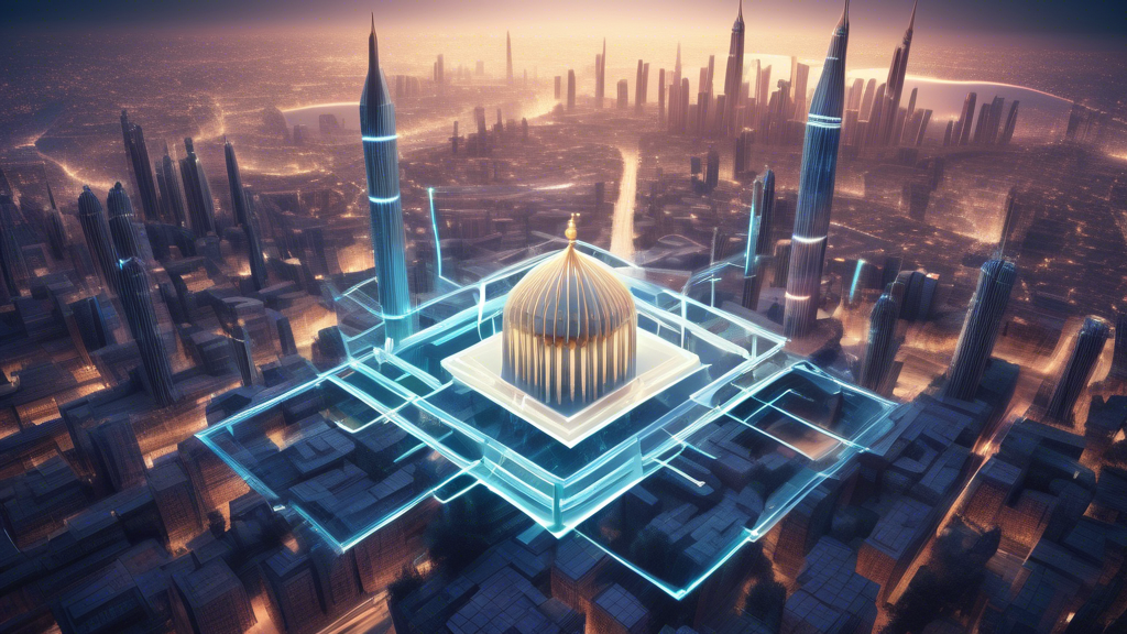 **DALL-E Prompt:**

An image depicting a futuristic landscape where blockchain technology is seamlessly integrated into Islamic finance. The scene features a blend of traditional Islamic architecture and modern skyscrapers, symbolizing the convergence of tradition and innovation. In the foreground, there are digital blocks representing blockchain nodes interconnected by glowing lines, illustrating the blockchain network. Financial symbols like Islamic coins and smart contracts float around these nodes. People in diverse attire, including business suits and traditional Islamic clothing, engage in discussions and transactions, highlighting regulatory bodies facilitating the integration. Holographic charts display growth trends and potential benefits, while barriers and puzzle pieces represent the challenges and obstacles being addressed.