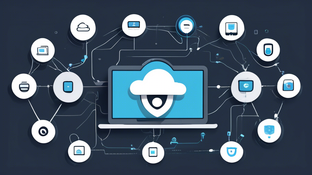 Create an image concept illustrating the distinctive features of Betternet VPN: depict a diverse array of devices including a smartphone, tablet, laptop, and desktop computer, all connected to a central cloud labeled Betternet VPN. Highlight additional features such as 