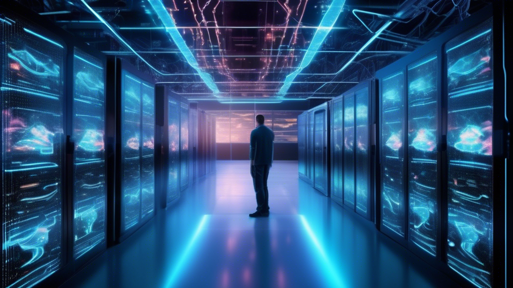 **DALL-E Prompt:**

A futuristic data center with holographic displays showing the AWS logo, AI and Machine Learning icons, and a composite visualization of multiple clouds representing a multi-cloud strategy. Technicians and robots collaboratively work on advanced computing frameworks. The background shows vast, dynamic data streams and glowing fiber optic networks symbolizing continuous innovation and future possibilities in cloud computing.