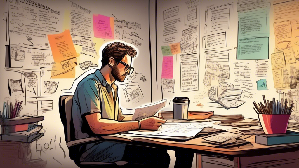 Create an image that visually captures the intricate journey of a movie magic screenwriter. Show a solitary writer at a desk surrounded by stacks of notes and several drafts of screenplays. Include a storyboard with sketches and colorful sticky notes on the wall. The background should transition from an initial brainstorming with doodles and outlines to a detailed, polished script. Small details such as a coffee cup, crumpled paper, and a glowing computer screen filled with text should be present to signify the painstaking yet magical writing process.