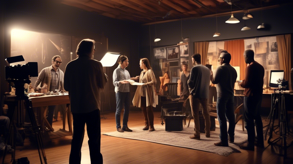 Create an image depicting a lively and bustling movie set where a screenwriter is seen collaborating with the director, producers, and actors. The screenwriter should be in focus, holding a script and actively engaged in a discussion. Surround them with filmmaking elements like cameras, lights, and a clapperboard. The backdrop should hint at a famous movie scene being shot, with details like costumes, props, and set design. Make the atmosphere vibrant and energetic, highlighting the crucial and dynamic role of a movie magic screenwriter in the filmmaking process.