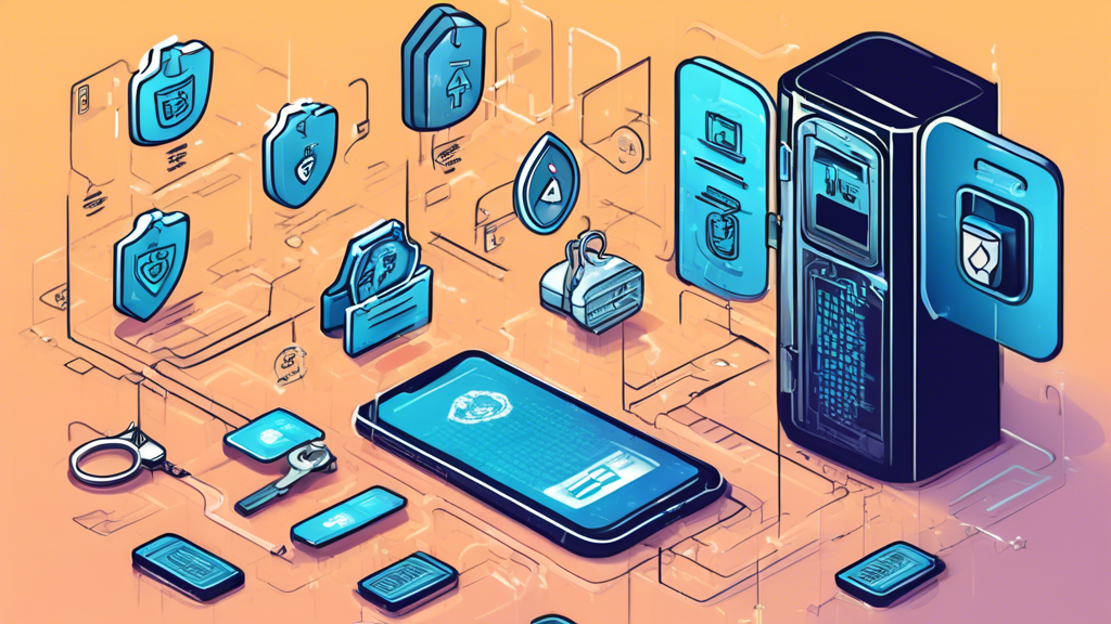 Prompt for DALL-E: A detailed illustration showing the implementation of advanced security measures for a crypto account. The image includes icons of strong, unique passwords, a two-factor authentication (2FA) process with a smartphone and a fingerprint scan, a hardware wallet device, and a cold storage vault. The background features digital security symbols like locks, shields, and encrypted code to emphasize the robust protection of the crypto account.