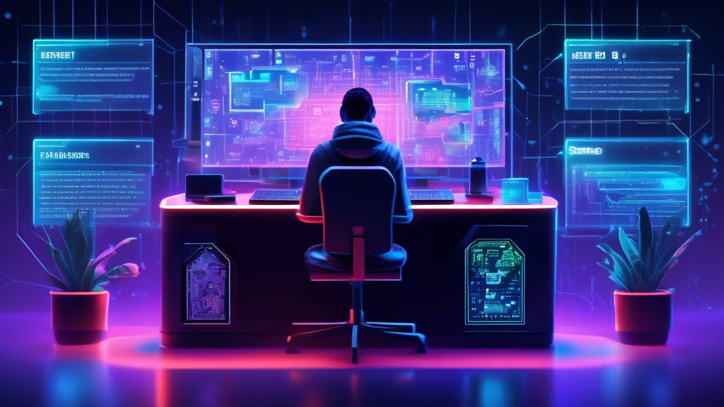 DALL-E Prompt: A vigilant crypto user sitting at a desk, surrounded by holographic screens displaying security alerts. The scene includes icons representing phishing attempts and scams being blocked, a checklist of best practices for monitoring suspicious activities, and updated software being highlighted. The background shows locked digital safes, symbolizing secure crypto storage. Emphasize a futuristic look with glowing elements and the theme of staying vigilant in the crypto world.
