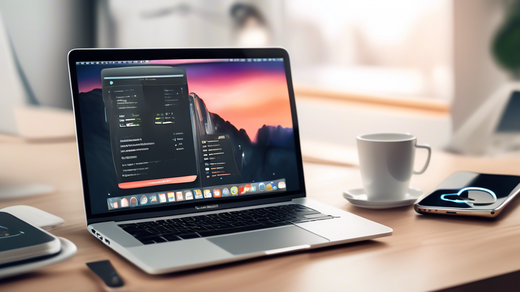 Create an image depicting a MacBook on a clean desk, displaying a user-friendly interface of a VPN application. Highlight elements that represent security such as a shield icon, fast speed with speedometer graphics, and a macOS compatible checkmark. Include icons or text labels for Data Protection, Connection Speed, Ease of Use, and Privacy Policy. The overall style should be modern and minimalist.