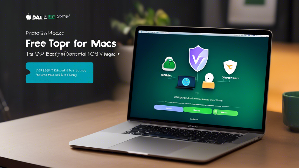 DALL-E prompt: Create an image showcasing the best free VPNs for Mac in 2023. The scene should include a modern MacBook screen displaying various popular VPN logos such as ProtonVPN, Windscribe, and TunnelBear. Surround the MacBook with icons representing security, speed, ease of use, and privacy. Add a banner or tag line at the top of the image that says 
