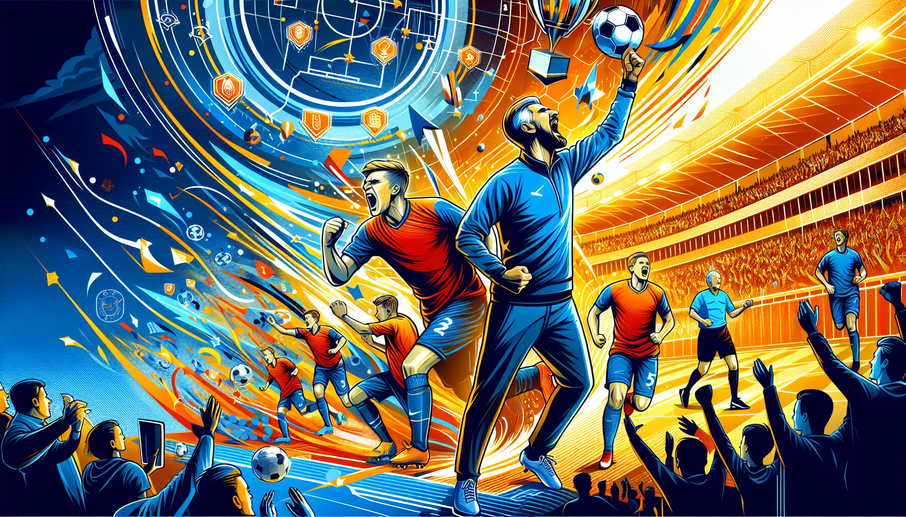 Create an image depicting the key strategies behind the success of the New York Football Club: showcase iconic player signings celebrating a goal, with a focus on youthful talent in the forefront participating in a training session at a state-of-the-art football academy. The backdrop should include a vibrant stadium filled with cheering fans, symbolizing the club