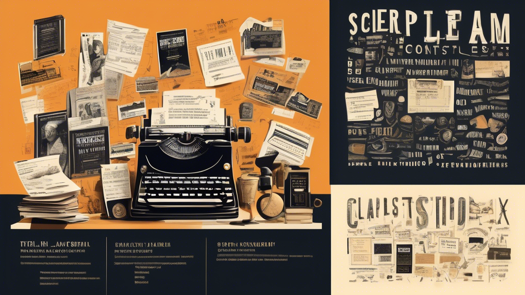 Create an illustration depicting a collage of various prestigious screenplay contest logos, with iconic film industry imagery in the background, such as a typewriter, script pages, a clapperboard, and a trophy. Include small text boxes with brief highlights of contest details like entry requirements, submission deadlines, and success stories of past winners. The overall mood should be inspiring and celebratory, emphasizing the importance of these contests for career advancement in screenwriting.