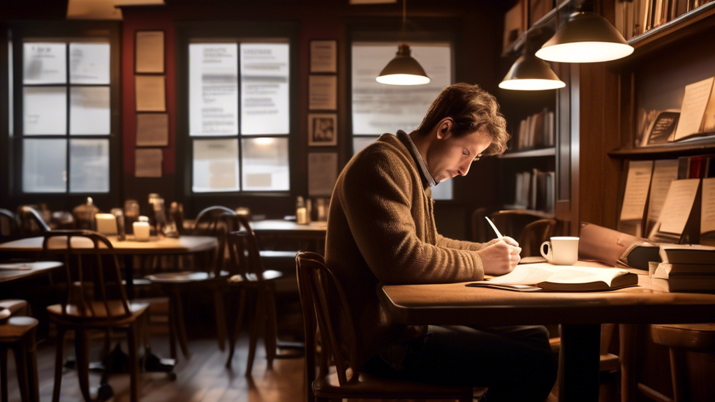 Create an image of an intense scene featuring a focused writer in a cozy café, surrounded by screenplay drafts, reference books, and a laptop displaying a page of a screenplay. The atmosphere should convey a sense of dedication and creativity, with subtle hints of contest-related details like a framed award on the wall and a 