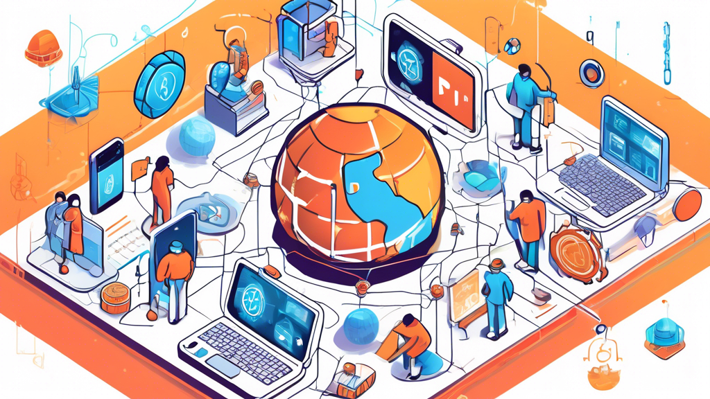 Create an image illustrating the key mechanisms of Pi Coin: Show a mobile phone with the Pi Network app actively mining, surrounded by digital representations of security shields and decentralized network nodes. Highlight trust and transparency elements with a backdrop of interconnected digital chains and a globe to signify global reach and secure participation in the Pi Network.