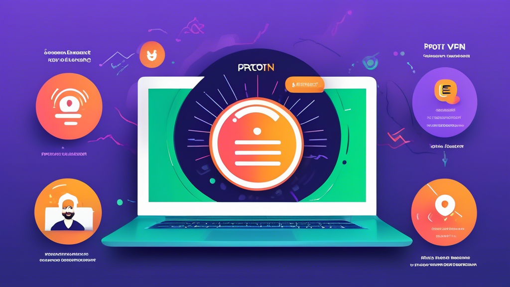 An image showcasing the unique features of Proton VPN, highlighting its ease of use, fast connection speeds, and excellent customer service. The image includes a sleek, modern interface on a laptop screen, icons representing speed and customer support, and user testimonials with vibrant, positive expressions. Keywords: Proton VPN, unique features, ease of use, fast connection, customer service, user testimonials.