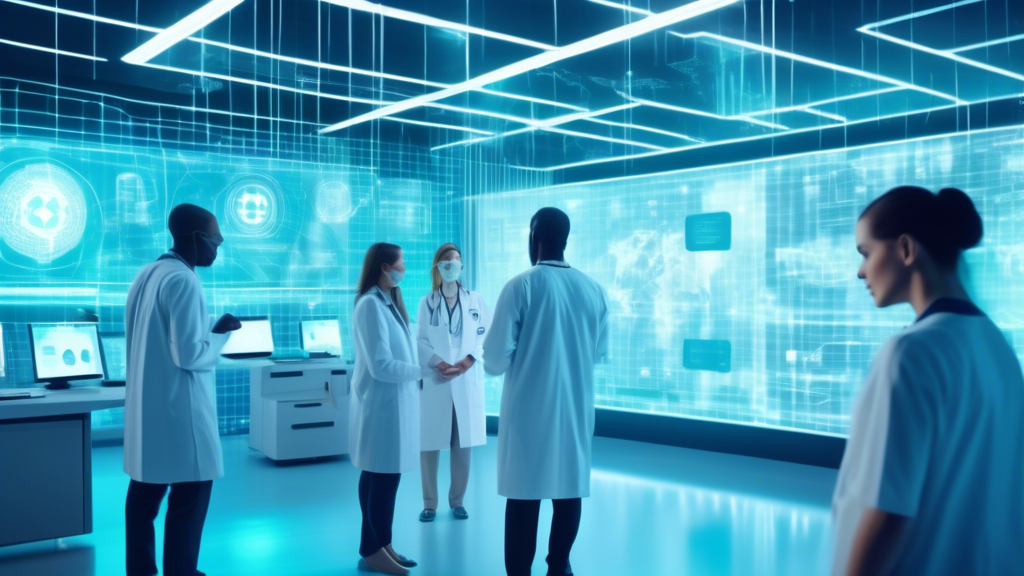 A futuristic hospital scene where blockchain technology is integrated into healthcare. Visualize secure patient data management with digital, tamper-proof medical records displayed on high-tech screens. The background shows doctors and nurses interacting with transparent, holographic interfaces. Highlight a patient