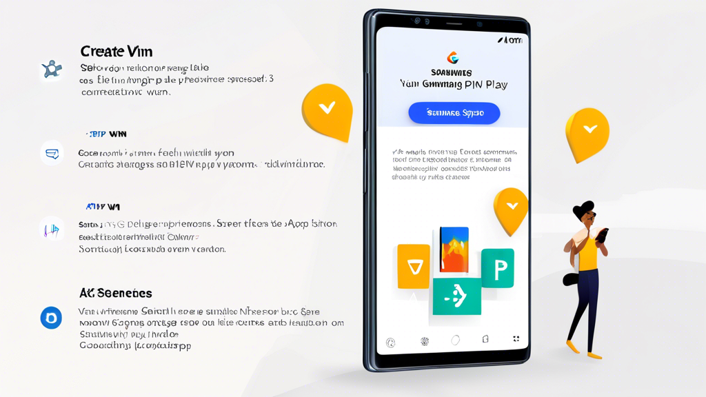 Create an image that shows a step-by-step guide for setting up a VPN on a Samsung phone. The image should feature a Samsung smartphone displaying the Google Play Store with a VPN app being downloaded, followed by screens showing VPN configuration settings, and finally a successful connection to a VPN server. The illustration should be user-friendly and highlight key steps like Choose VPN Service, Download and Install, and Configure and Connect. Ensure the Samsung phone and its interface are clearly recognizable.