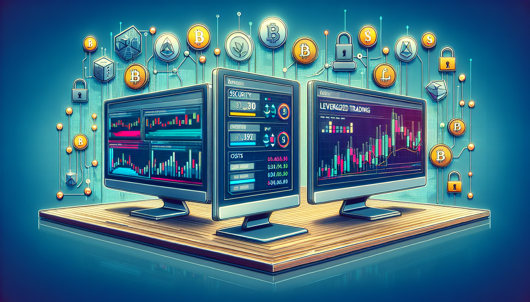 DALL-E prompt: Create an image showcasing a comparative analysis of popular platforms for leveraged crypto trading. The scene should display three computer screens side-by-side, each showing the user interface of a different exchange: Binance, Bybit, and Kraken. Surrounding the screens, include elements that emphasize key factors such as security (e.g., padlocks, shields), fees (e.g., price tags), and user experience (e.g., user ratings, testimonials). The background should subtly incorporate cryptocurrency symbols like Bitcoin and Ethereum to reinforce the crypto trading theme.