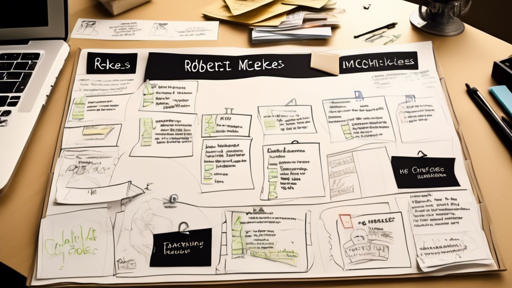 Create an image that visually represents Robert McKee’s storytelling techniques in action. The scene should include a classic filmmaker