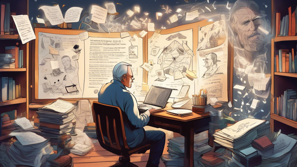 Create an illustration showing a writer at their desk surrounded by notes and books, with ethereal images of storytelling elements like characters, conflicts, and story arcs floating around them. Have a framed photo of Robert McKee on the desk, symbolizing his guidance. Include snippets of handwritten text with McKee’s storytelling tips like 