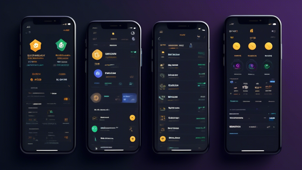 Create an image featuring a side-by-side comparison of popular crypto trading apps like Coinbase, Binance, and Kraken in 2023. Each app’s section should highlight its unique interface, key standout features, and a bullet-point list of pros and cons. Incorporate visual icons to represent different features and elements such as user ratings, security measures, supported cryptocurrencies, and fee structures. The backdrop should suggest a futuristic, tech-savvy vibe with elements like digital currency symbols and abstract financial charts. Label the image with the title, Top Contenders for the Best Crypto Trading App in 2023.