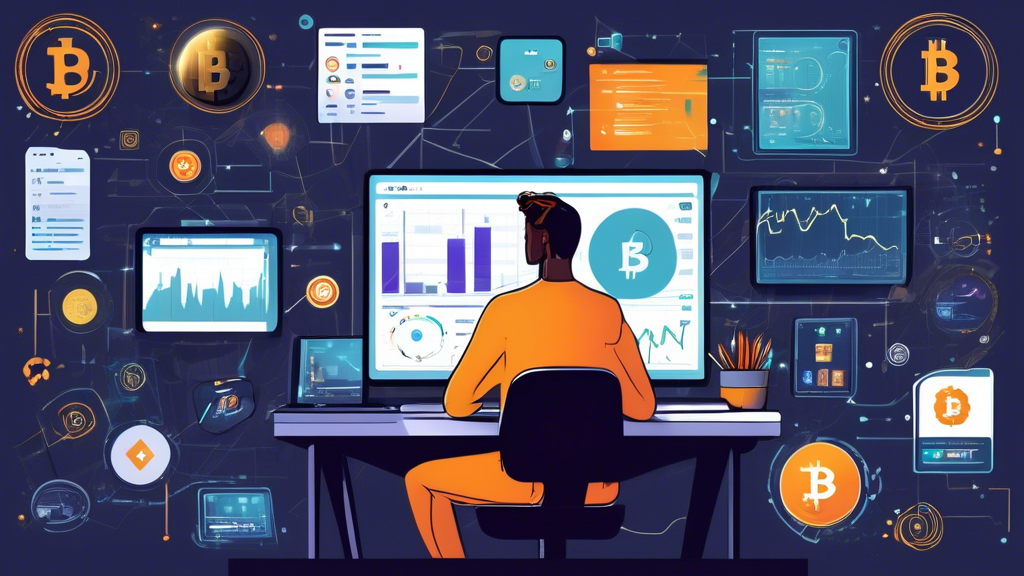 DALL-E prompt: A detailed illustration of a person sitting at a desk, surrounded by charts, laptops, and mobile devices displaying different crypto trading apps. The person is thoughtfully comparing various apps, with checklists and notes about personal trading goals and strategies, as well as community and expert reviews prominently visible. There are icons of popular cryptocurrencies like Bitcoin, Ethereum, and others. The background should include motivating elements like a vision board and books on cryptocurrency trading to emphasize an educative and strategic approach. The overall theme should represent informed decision-making in choosing the best crypto trading app for personal needs.