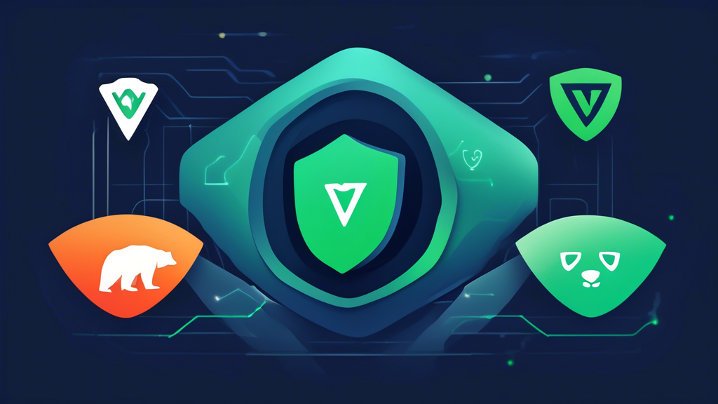 Create a detailed digital illustration showcasing the four best free VPNs of 2023: ProtonVPN, Windscribe, Hotspot Shield, and TunnelBear. Each VPN should be represented with its logo and key features, such as ProtonVPN’s unlimited data security, Windscribe’s generous data allocation, Hotspot Shield’s speed and ease of use, and TunnelBear’s user-friendly interface. The image should have a modern, tech-savvy aesthetic, with a clear and informative layout that visually distinguishes the advantages and limitations of each service.