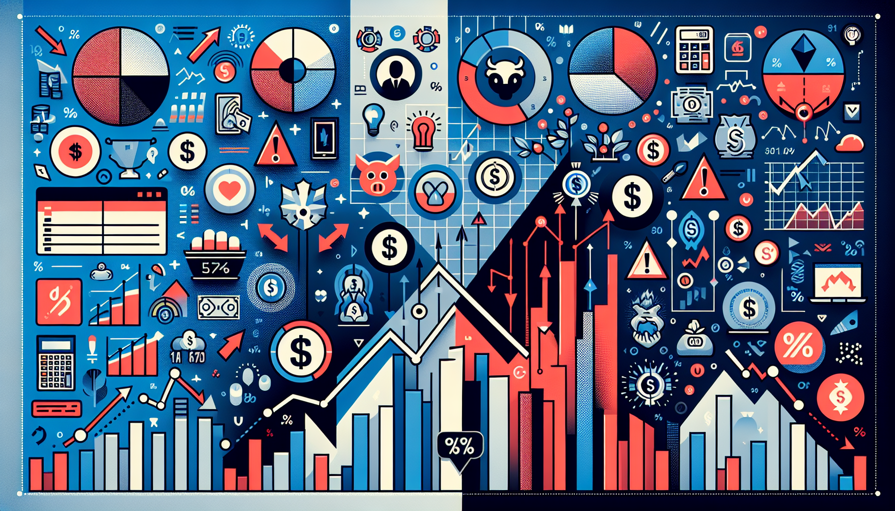 Create an image that illustrates the benefits and risks of Limited Margin IRAs at Schwab. The scene should be a split view with contrasting colors - one half should focus on the Advantages with visual elements like upward-trending graphs, dollar signs, robust support icons, and tools. The other half should depict Potential Risks with elements like fluctuating market charts, warning signs, and percentage icons to represent margin requirements. The background should subtly feature the Schwab logo and some financial-related icons to set the context clearly.