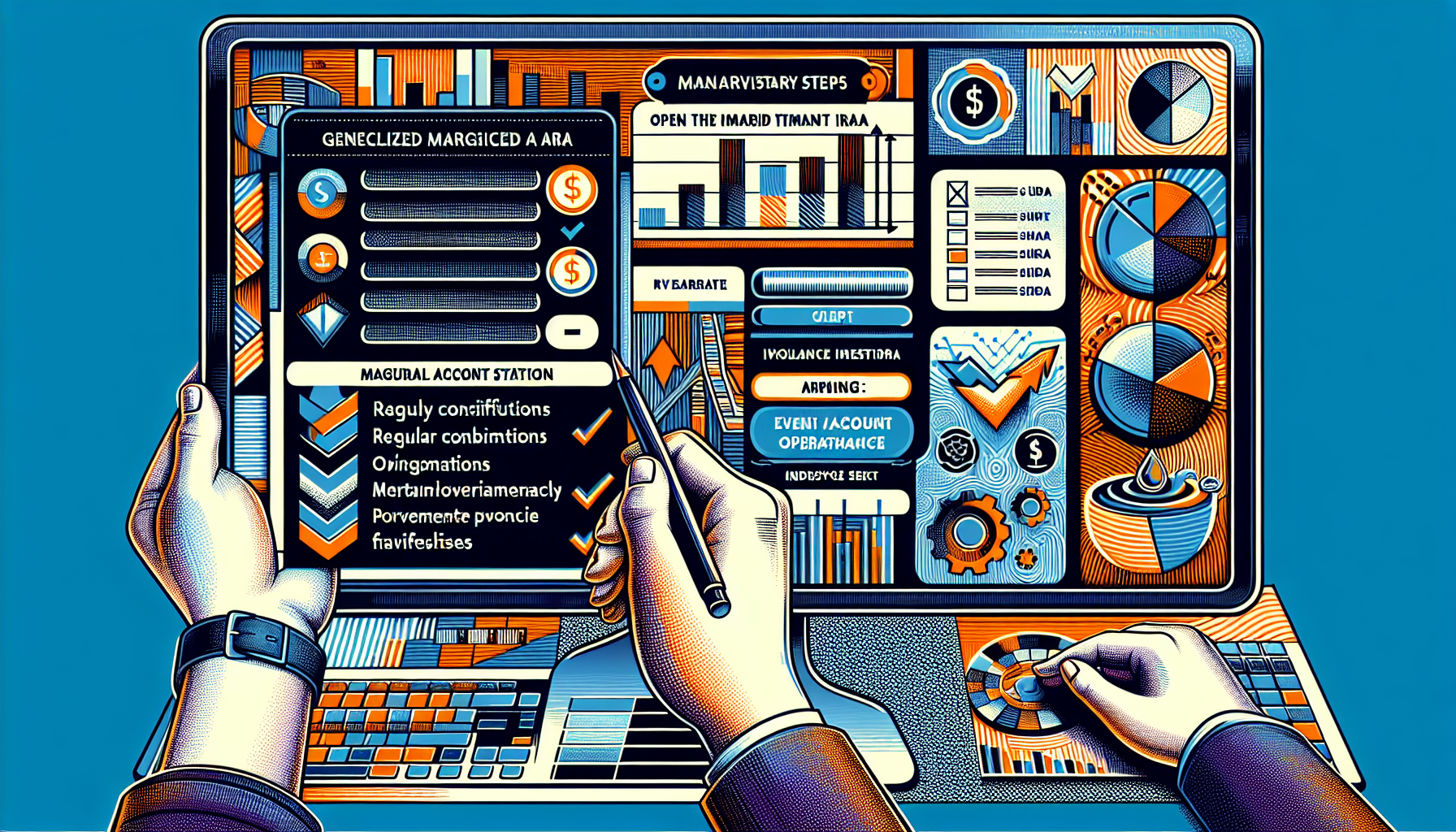 A detailed illustration showing a user-friendly checklist and digital form on a computer screen, with a user completing the required steps to open a Limited Margin IRA account with Schwab. Surrounding the main screen, include icons and graphics representing effective account management strategies, such as regular contributions, portfolio balancing, and investment monitoring. Use Schwab