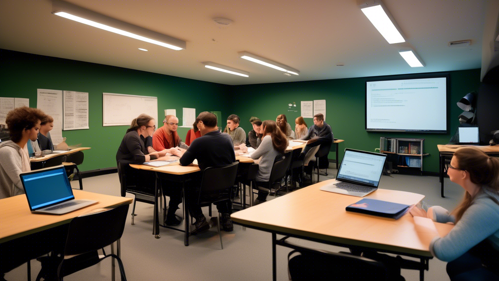 Create an image depicting an advanced scriptwriting workshop scene for Celtics scripts. The setting is a modern classroom equipped with advanced technology. There are writers intensely focused on their laptops, some engaging in animated discussions about scene writing techniques. Books on character development and dialogue craft are spread out on desks. A large screen at the front displays a complex script format, with annotations explaining advanced strategies. The atmosphere is vibrant, with ideas flowing and a sense of creativity and collaboration in the air. The keyword Celtics script writing should be subtly incorporated into the background details.