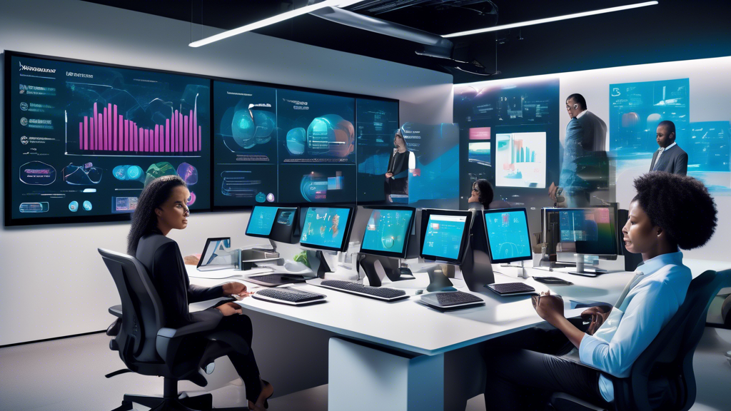 Create an image showing diverse business professionals collaborating in a modern office environment, with digital screens displaying various IBM Cloud dashboards and metrics. Include visual elements representing different industries, such as finance, healthcare, and retail, to illustrate the broad application of IBM Cloud. Add elements like charts, data flows, and futuristic design elements to depict the transformative impact of IBM Cloud on data processing and business innovation.