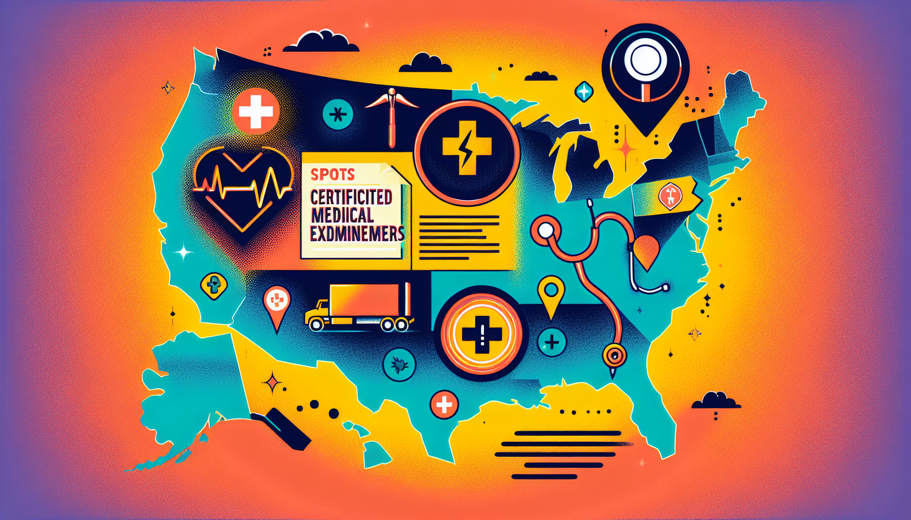 An illustrated map of the United States pinpointing various certified medical examiners from the FMCSA