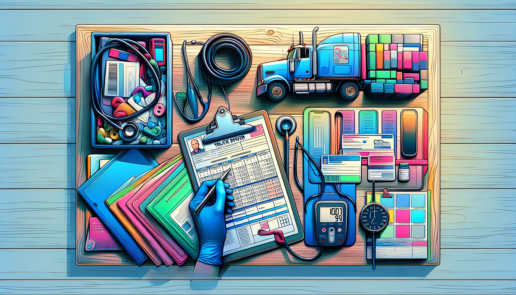 Create an image of a checklist with various health documents and personal identification scattered on a desk, highlighting what truck drivers need to prepare for a medical exam. The scene includes a medical stethoscope, blood pressure monitor, and a calendar with the exam date circled, set in a truck driver
