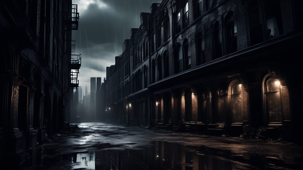 Create an image that captures the essence of Building a Dark and Atmospheric World in Your Gotham Script. Imagine a gritty, immersive urban environment under a night sky filled with ominous clouds. The scene should include decaying buildings with gothic architecture, dimly lit alleys, and shadowy figures lurking in the background. Use dark, moody colors to emphasize the atmospheric tone. Integrate story elements through symbolism, like broken streetlights or scattered objects that hint at hidden narratives, blending realism and fantasy to keep the viewer engaged. The overall vibe should be mysterious and compelling, inviting viewers into the world of Gotham.