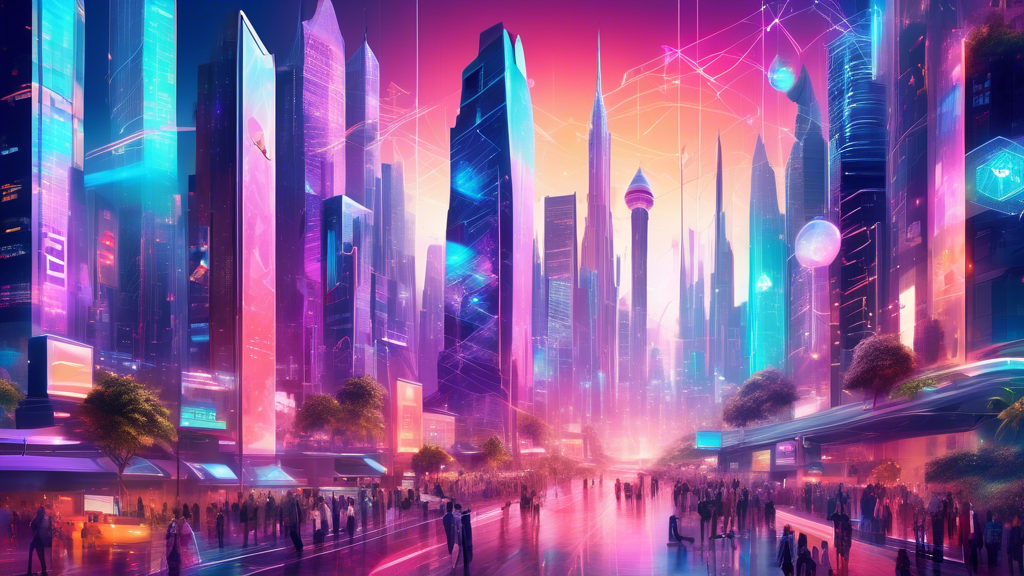 Create an image of a vibrant and futuristic cityscape bustling with digital activity. Key elements should include futuristic skyscrapers adorned with holographic crypto symbols such as Bitcoin, Ethereum, and Solana. Diverse groups of people, ranging from business professionals to developers and tech enthusiasts, are engaged in collaborative activities around electronic billboards displaying real-time market trends and regulatory news. Include visual representations of investor behavior with charts and graphs, and hints of government influence with official buildings displaying blockchain logos. The overall vibe should be energetic and innovative, capturing rapid growth and community engagement in the crypto ecosystem of 2023.