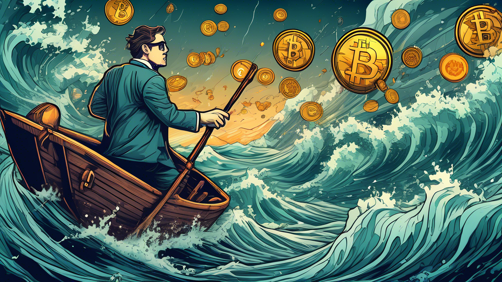 Create an image depicting a crypto investor navigating through turbulent waters with various tools in hand, symbolizing risk management techniques, diversification, long-term and short-term investment strategies, and analytical tools. Include visual elements that represent cryptocurrencies like Bitcoin and Ethereum, and show market indicators in the background.