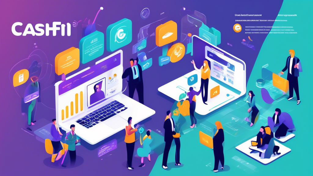 Create an image depicting users interacting with a digital finance platform called Cashfi Finance, highlighting its key features and benefits. The scene should include a diverse group of people, both individuals and business professionals, engaging with the platform on various devices such as smartphones, tablets, and laptops. Show elements that represent financial services like analytics dashboards, transaction history, and financial planning tools. Make sure to incorporate visual cues that imply innovation and ease-of-use, such as intuitive interface designs and satisfied user expressions, emphasizing the platform