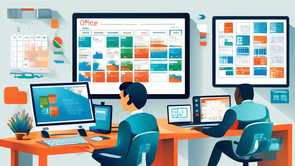 Create an image showcasing a modern office environment with various devices (computers, tablets) displaying Office 365 applications, alongside visual representations of backup best practices. Include elements like a backup schedule calendar, secure data shields, compliance checklists, and a team running a recovery drill on a whiteboard.