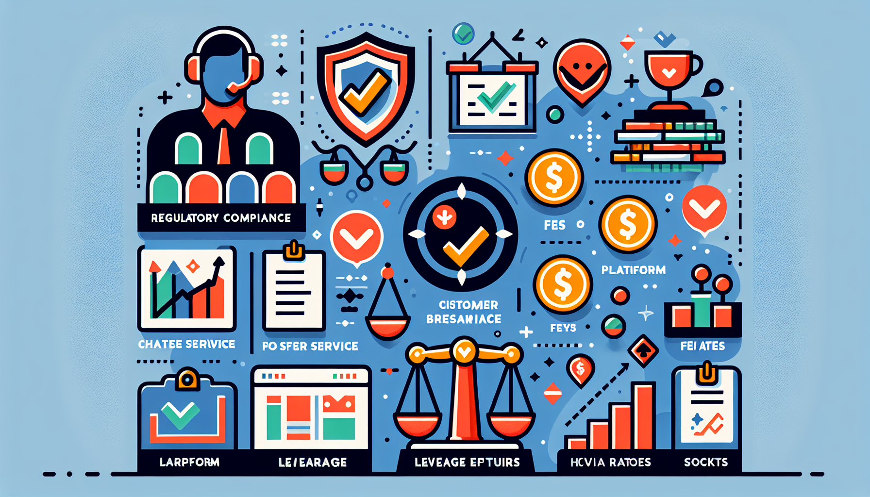 Generate an image depicting a checklist with criteria for selecting the best high leverage stock brokers in 2023. Include key factors such as regulatory compliance, fees, customer service, platform features, and leverage options. The image should have a financial market theme with icons like stocks, graphs, and a comparison chart showcasing leverage ratios. Also, integrate visual elements representing case studies or examples of brokers meeting these criteria.