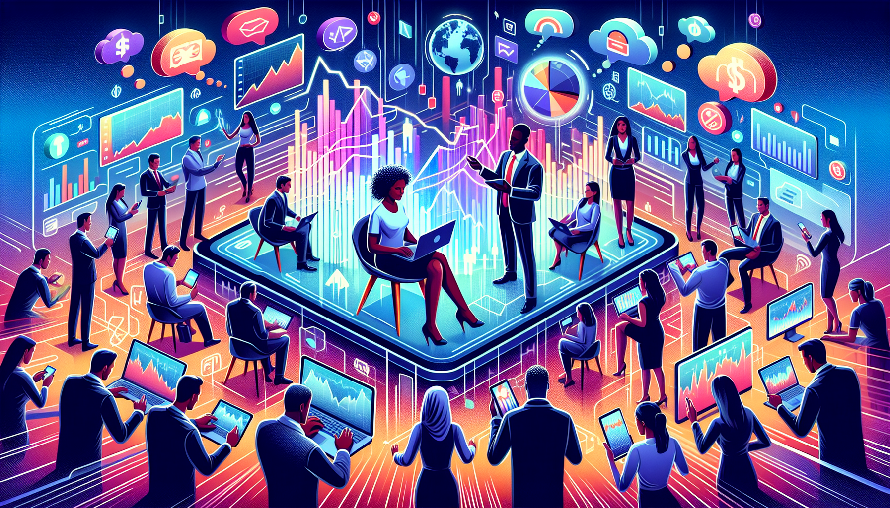 A dynamic digital illustration showcasing a diverse group of people using various high-tech devices (laptops, tablets, smartphones) to trade stocks, with a focus on charts and leverage ratios prominently displayed. In the background, futuristic broker logos and icons represent top high leverage stock brokers for 2023. Incorporate a mix of positive and cautionary symbols to represent the pros and cons as well as user testimonials floating around, suggesting various viewpoints on the brokers.