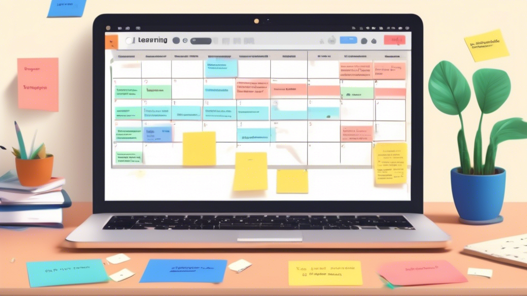 Create an image depicting a vibrant online learning environment focused on screenwriting, with a computer screen showing a Skillshare interface. Surrounding the screen are sticky notes, a calendar with a consistent learning schedule, and notes from community discussions. Include elements like a script in progress, highlighting the application of learned concepts, and a feedback section with comments from instructors and peers to emphasize continuous improvement. The workspace should be organized and inviting, exuding creativity and focused learning.