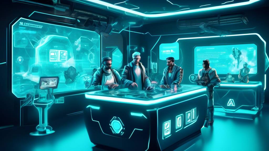 Create an image depicting a futuristic in-game marketplace where characters are making secure and transparent transactions using cryptocurrency. The marketplace should feature digital screens displaying blockchain transaction data and game items like weapons, skins, and avatars being traded. Include elements showing popular game characters engaging with cryptocurrency, symbolizing the ownership and exchange of digital assets.