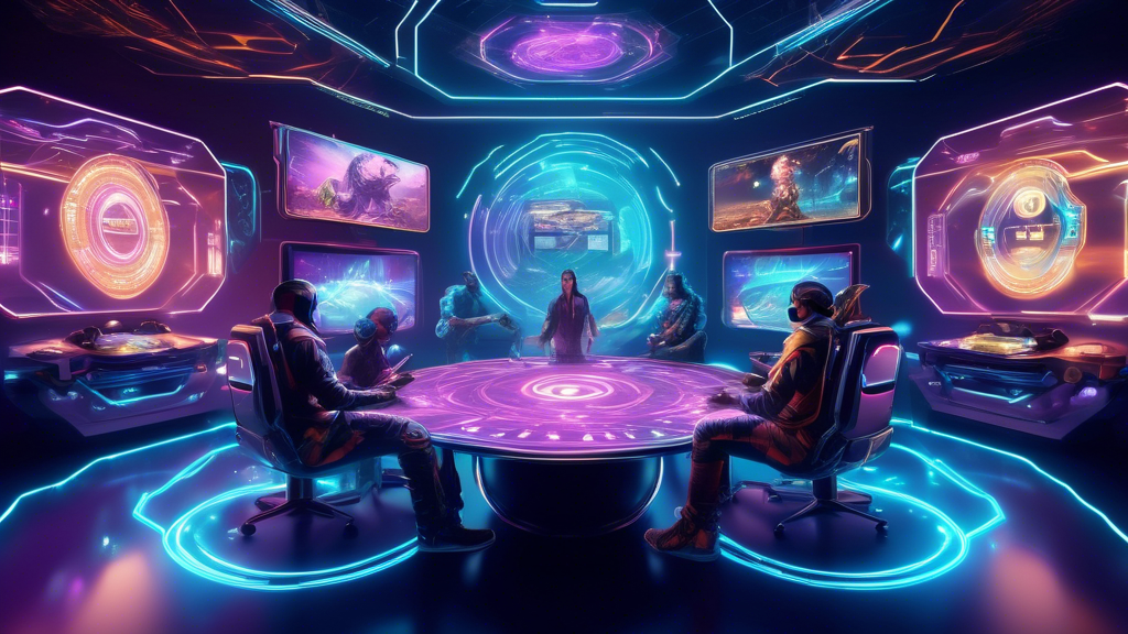 Create an image of a futuristic gaming world where cryptocurrency is seamlessly integrated. Depict a vibrant and immersive gaming landscape with players interacting in a hybrid reality space. Digital coins and blockchain symbols should be seen floating and being exchanged between players. Highlight the transformation of gaming economies with advanced holographic interfaces and futuristic hardware. The environment should radiate innovation, symbolizing the next evolution of the gaming industry driven by cryptocurrency.