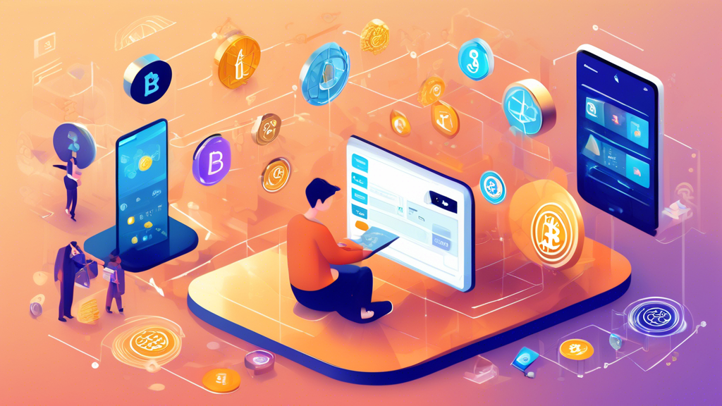 Create an illustration that represents the start of a cryptocurrency investment journey. Show a digital interface with a person choosing a cryptocurrency exchange on their laptop, while various cryptocurrency symbols like Bitcoin (BTC), Ethereum (ETH), and others float around. Next to them, include an image of a smartphone displaying a cryptocurrency wallet app, highlighting security features. Incorporate visual elements like encryption icons, padlocks, and step-by-step instructions. Theme: Getting Started in Cryptocurrency Investing.