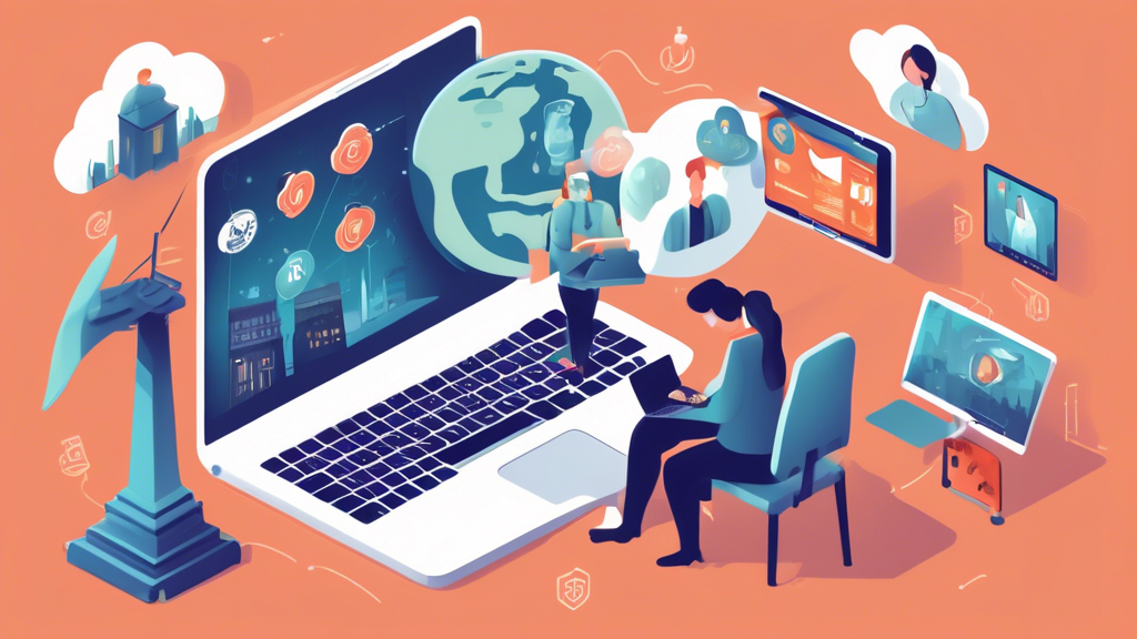 Create an image depicting the concept of Accès illimité à Internet grâce à un VPN Online. Show a person using a laptop with a VPN interface on the screen, seamlessly bypassing geographical restrictions. Surround the laptop screen with icons representing various streaming services, social media platforms, and global landmarks like the Eiffel Tower, Statue of Liberty, and Great Wall of China, suggesting unlimited access. Emphasize a secure connection, like a shield icon or padlock, to highlight safe use of public Wi-Fi.